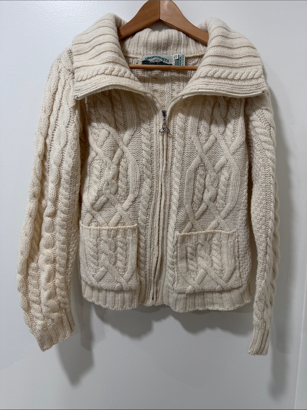 Aran Crafts Cream Cable-Knit Zip Shawl-Collar Cardigan with pockets!